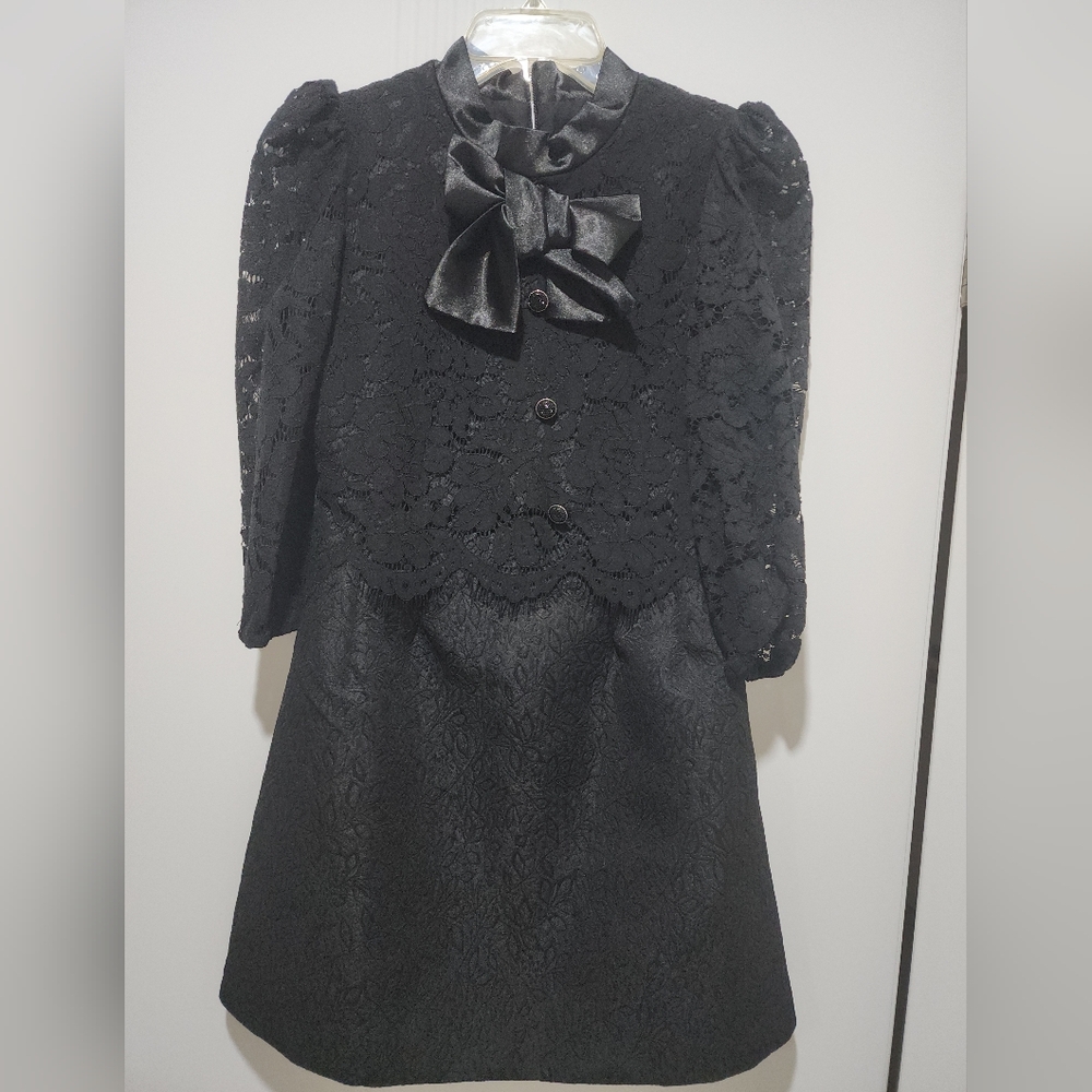 Black Lace & Jacquard Dress With Bow Designed In France For Girls Size 12 NWOT
